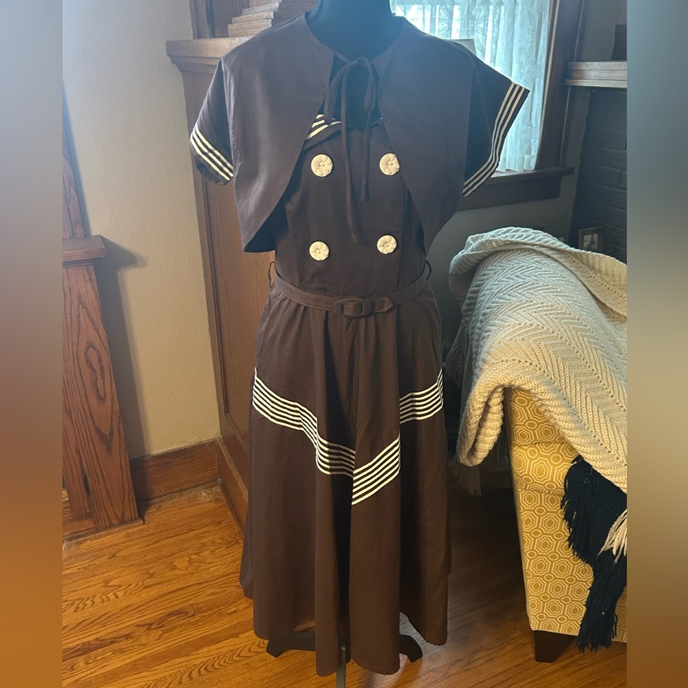 Authentic Vintage Brown Dress with White Accents